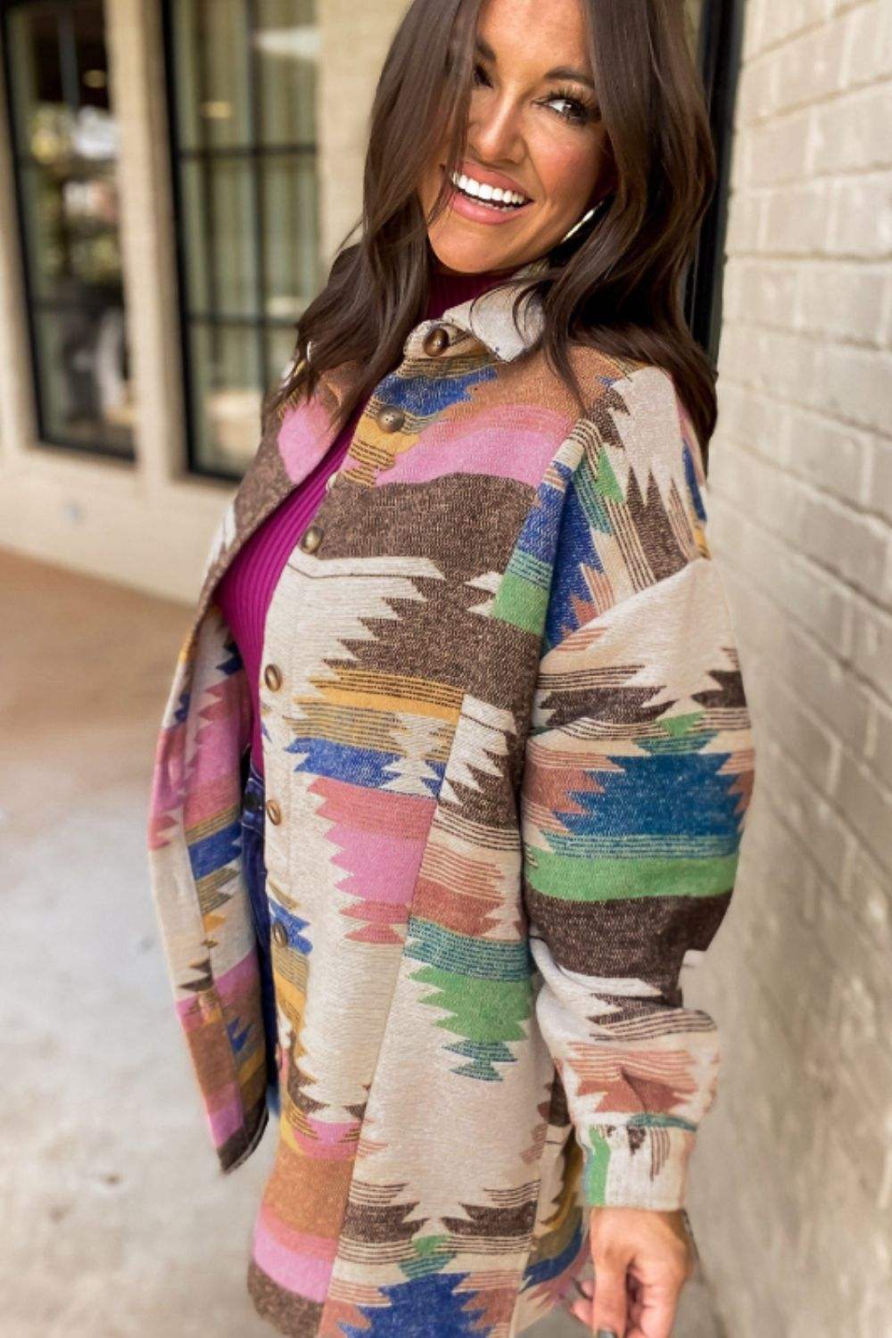 Geometric Button Up Long Sleeve Jacket - Trendsi - Flyclothing LLC