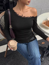 One-Shoulder Lace Trim Slim Fit T-Shirt - Trendsi - Flyclothing LLC