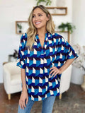 Double Take Full Size Geometric Notched Half Sleeve Blouse - Trendsi - Flyclothing LLC