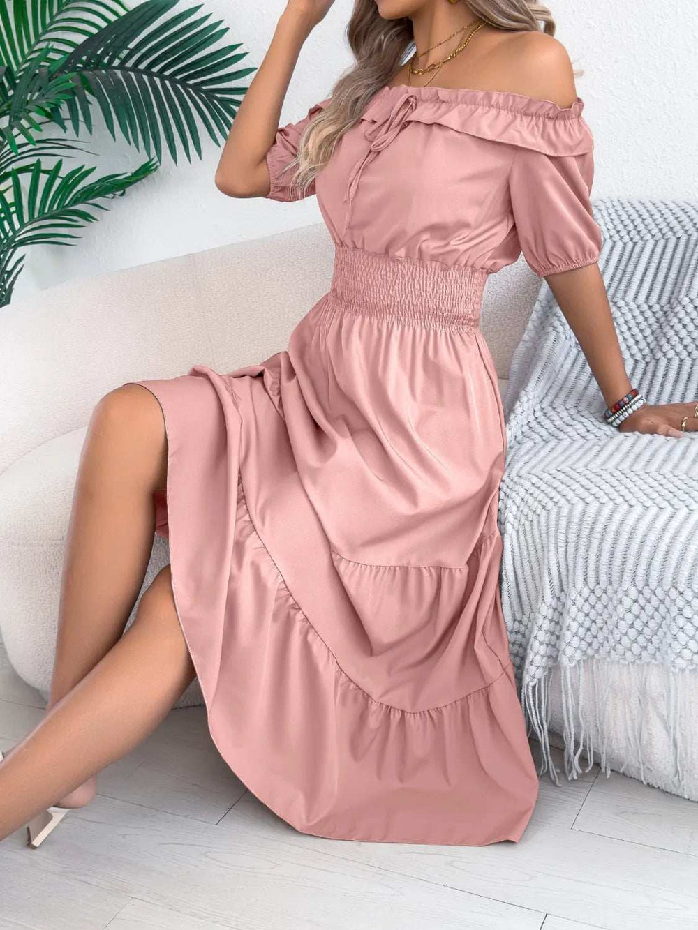 Smocked Off-Shoulder Tiered Dress - Trendsi - Flyclothing LLC