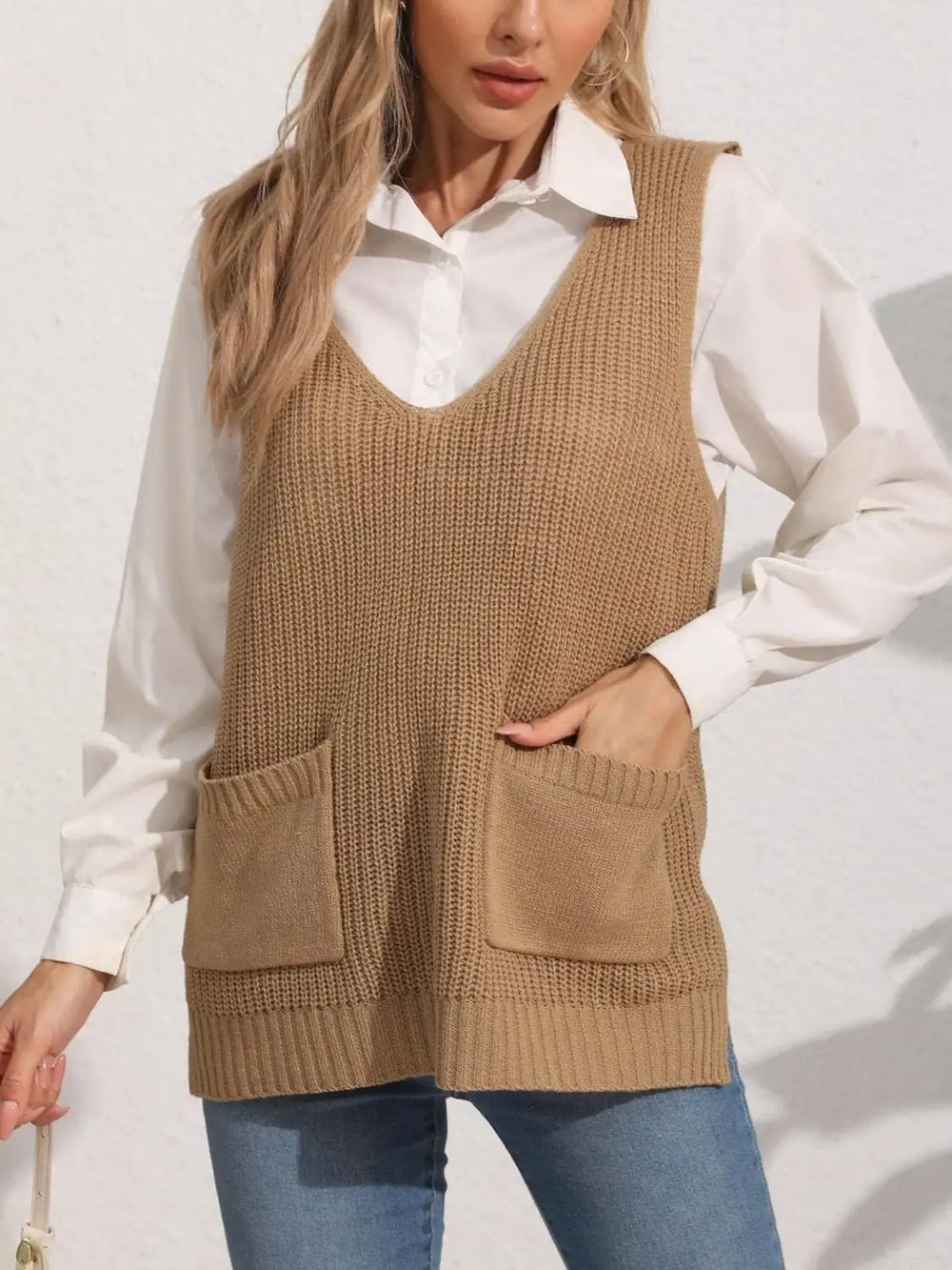Pocketed V-Neck Sweater Vest - Trendsi