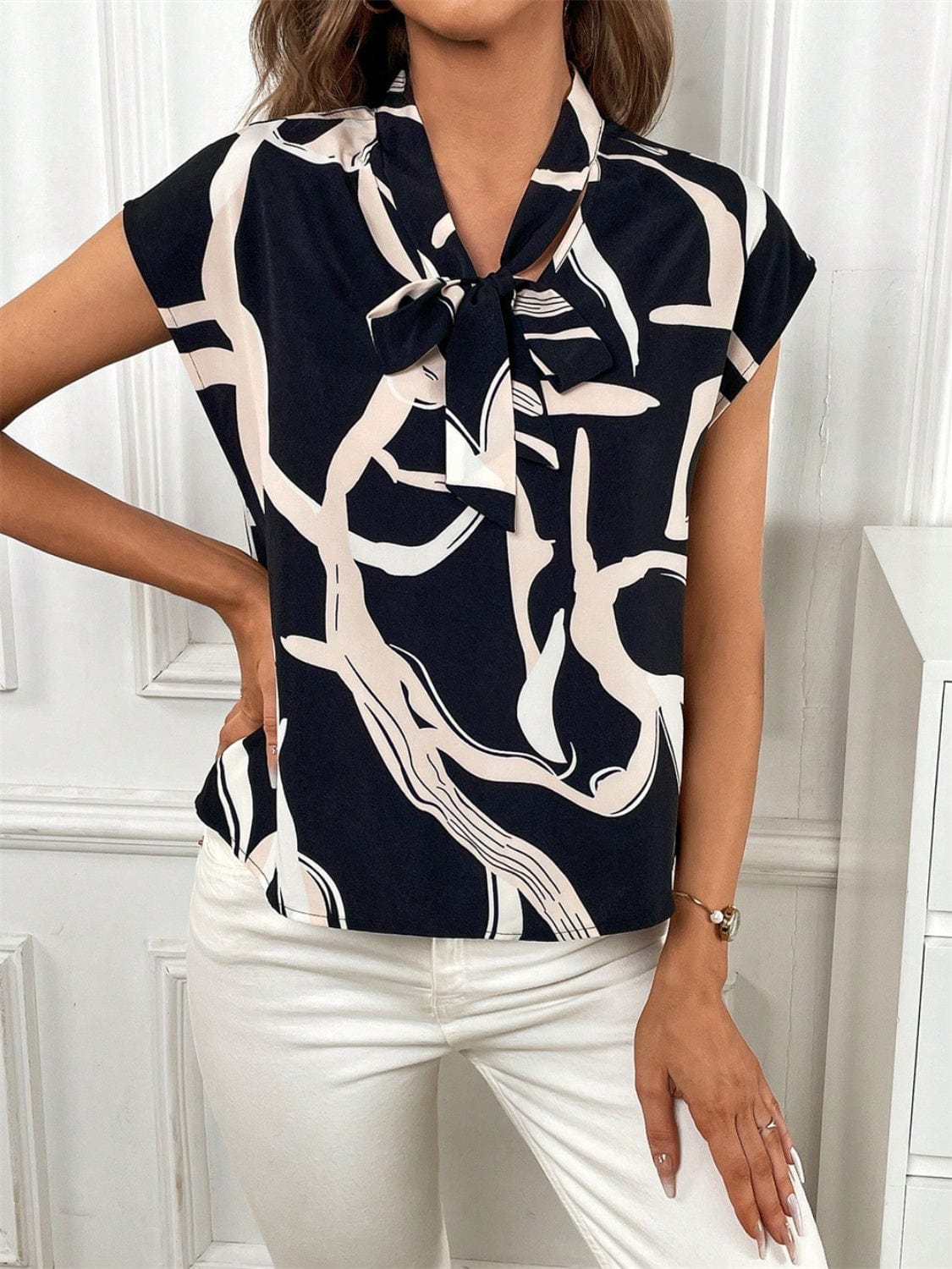 Printed Tie Neck Cap Sleeve Blouse - Trendsi