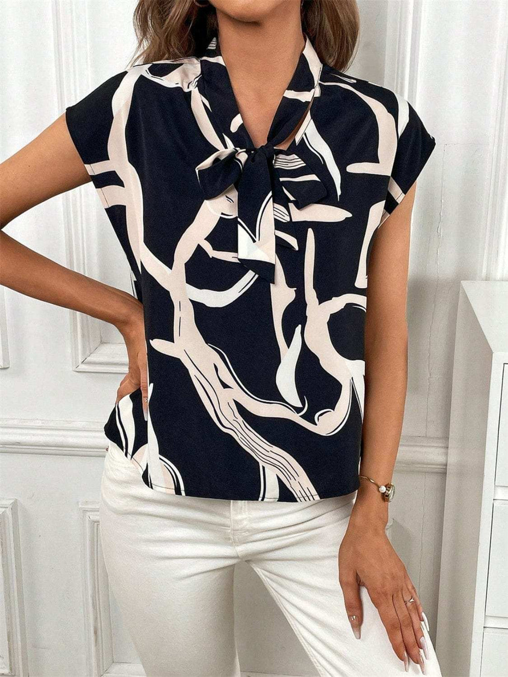 Printed Tie Neck Cap Sleeve Blouse - Trendsi - Flyclothing LLC