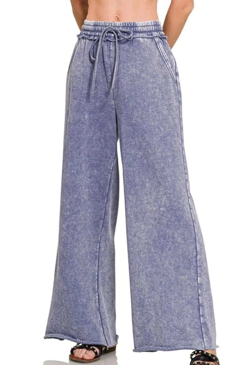 Zenana Acid Wash Fleece Palazzo Sweatpants with Pockets - Trendsi - Flyclothing LLC