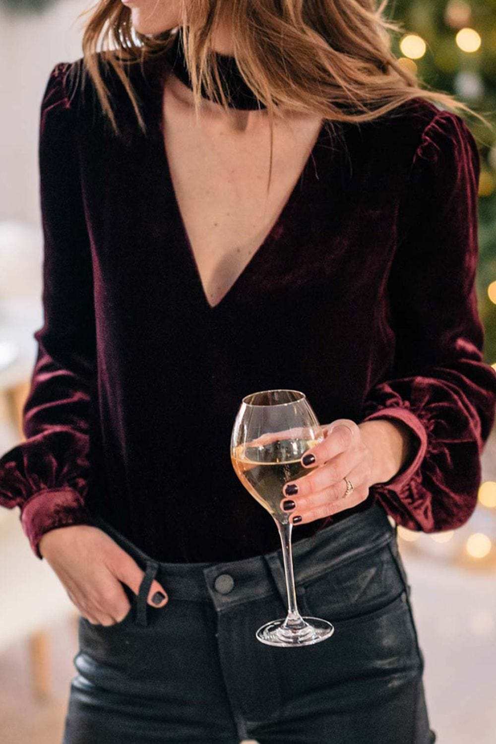 Cutout Long Sleeve Velvet Blouse - Trendsi - Flyclothing LLC