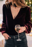 Cutout Long Sleeve Velvet Blouse - Trendsi - Flyclothing LLC