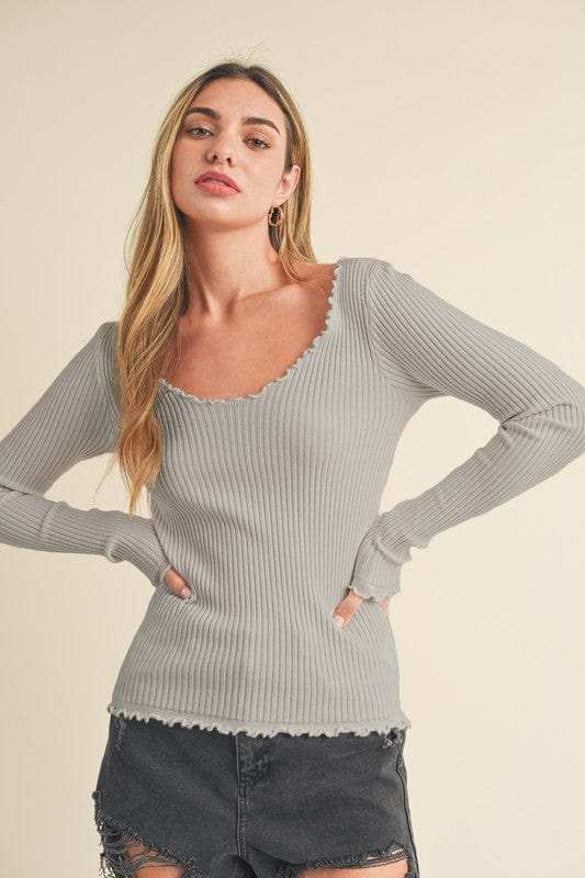Aemi + Co Lettuce Hem Scoop Neck Long Sleeve Knit Top - Trendsi - Flyclothing LLC