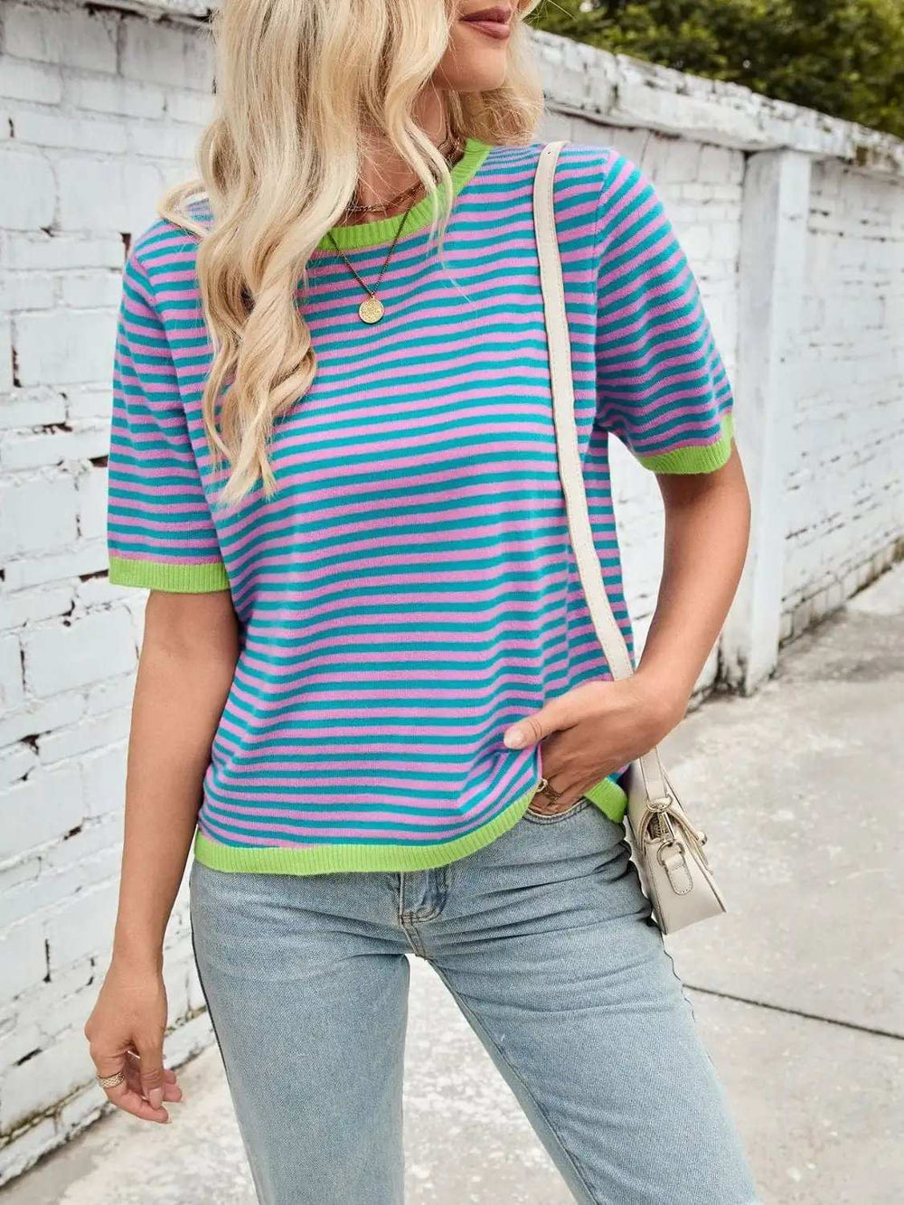 Lovelet Striped Contrast Round Neck Half Sleeve Knit Top - Trendsi - Flyclothing LLC