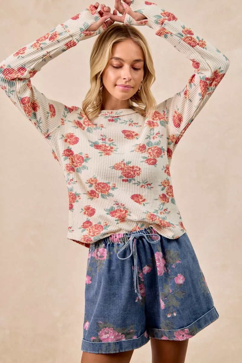 BiBi Floral Print Washed Waffle Thermal Top With Thumb - Trendsi - Flyclothing LLC