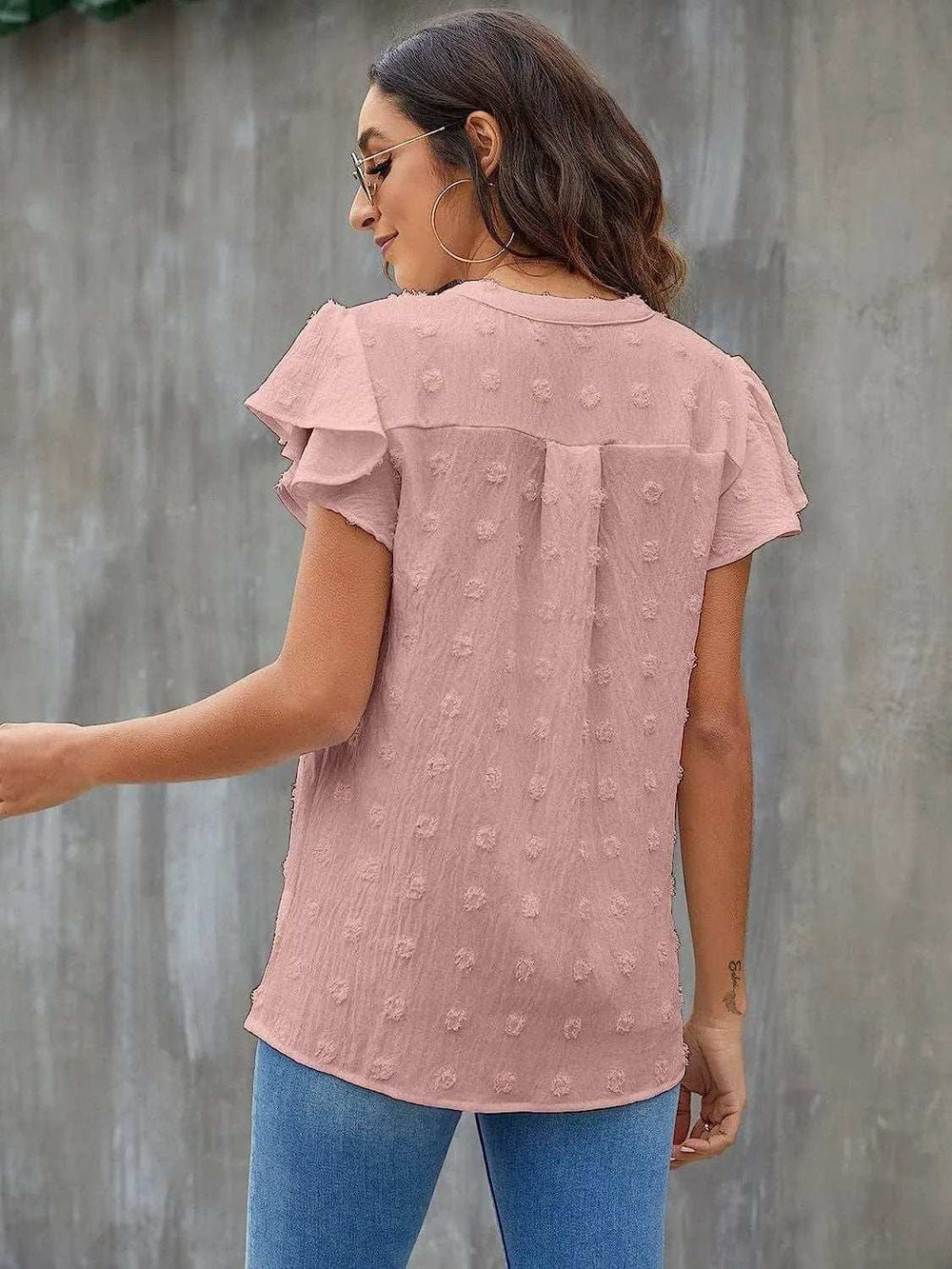 Swiss Dot Notched Cap Sleeve Blouse - Trendsi - Flyclothing LLC
