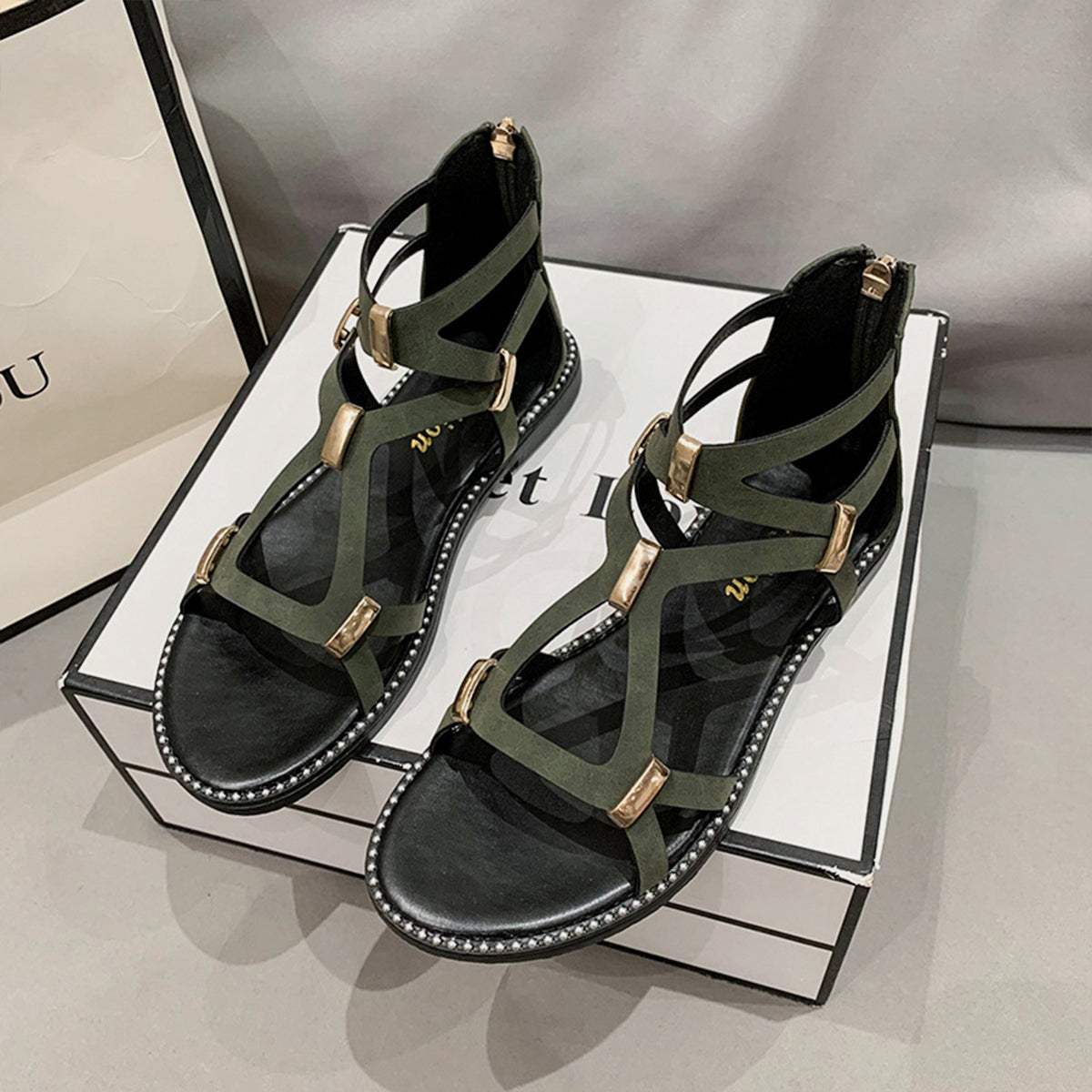 Open Toe Back Zipper Flat Sandals - Trendsi - Flyclothing LLC