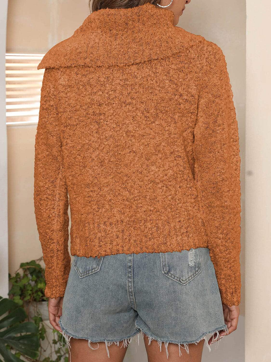 Asymmetric Collared Neck Long Sleeve Sweater - Trendsi - Flyclothing LLC