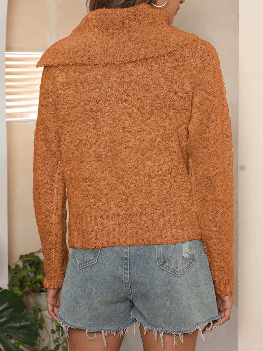 Asymmetric Collared Neck Long Sleeve Sweater - Trendsi - Flyclothing LLC