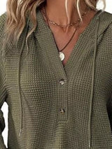 Full Size Button Detail Waffle Knit Hoodie Plus Size - Trendsi - Flyclothing LLC