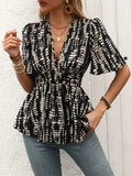 Printed V-Neck Half Sleeve Blouse - Trendsi