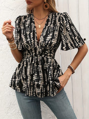 Printed V-Neck Half Sleeve Blouse - Trendsi