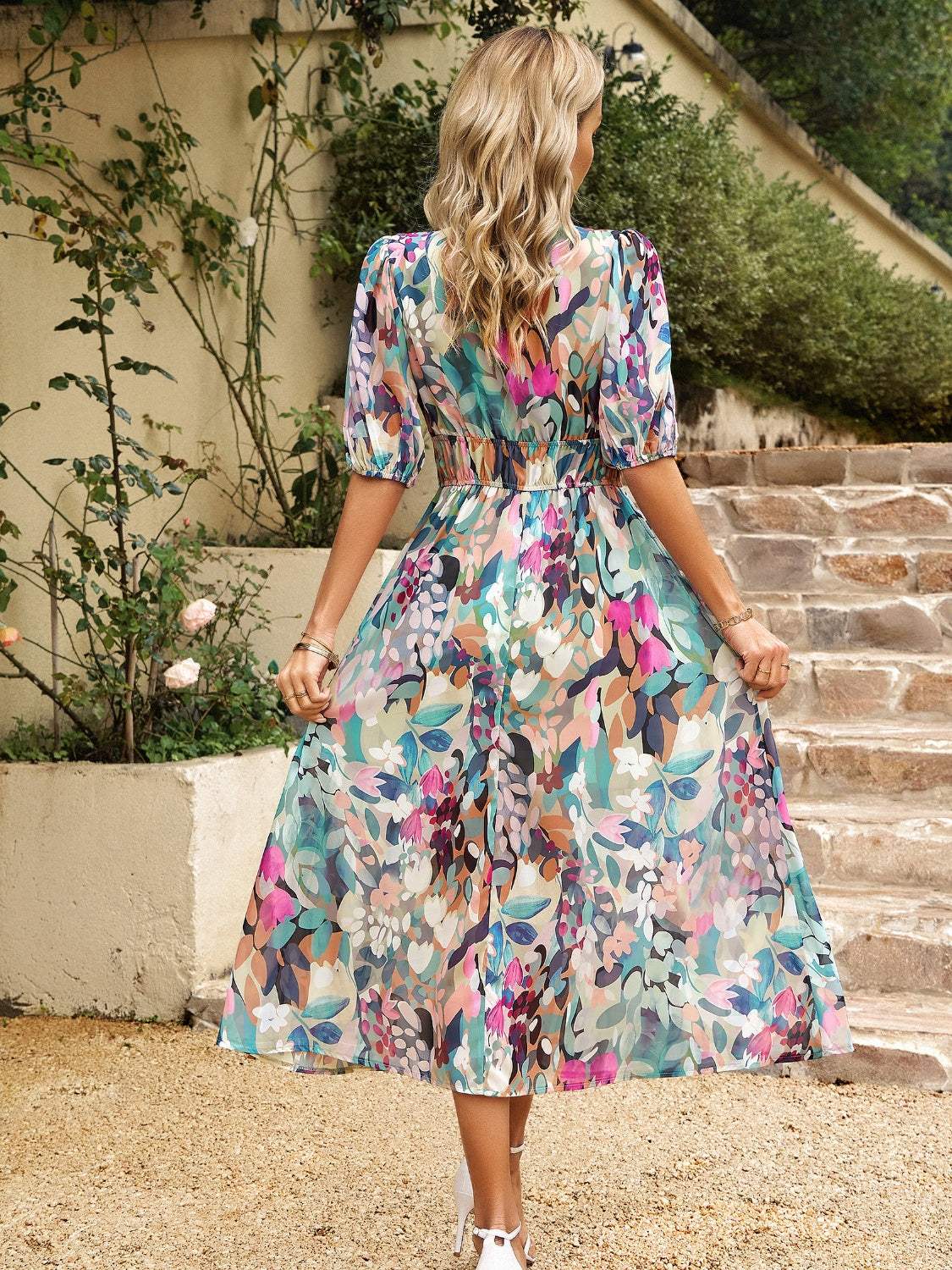 Smocked Printed V-Neck Half Sleeve Midi Dress - Trendsi - Flyclothing LLC