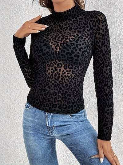 Leopard Mock Neck Long Sleeve Top - Trendsi - Flyclothing LLC