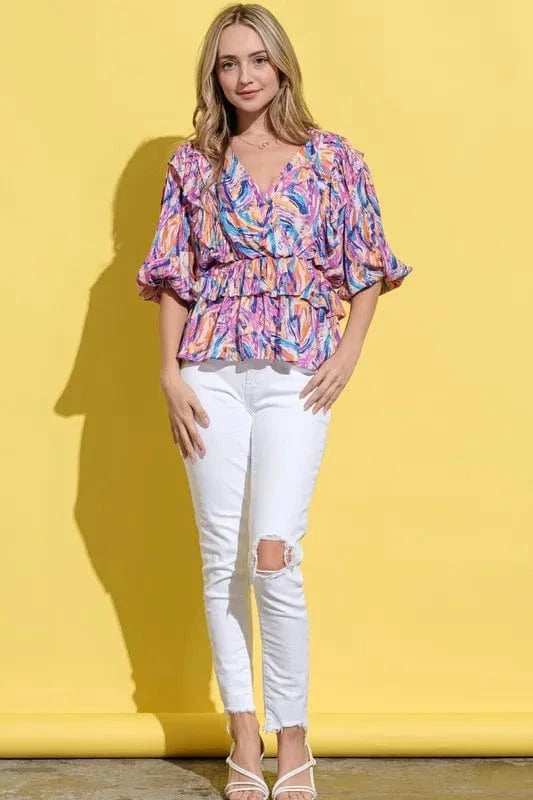 And The Why Printed Lantern Sleeve Blouse - Trendsi - Flyclothing LLC