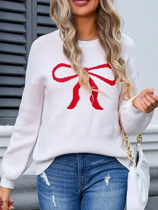 Bow Graphic Round Neck Long Sleeve Sweater - Trendsi - Flyclothing LLC