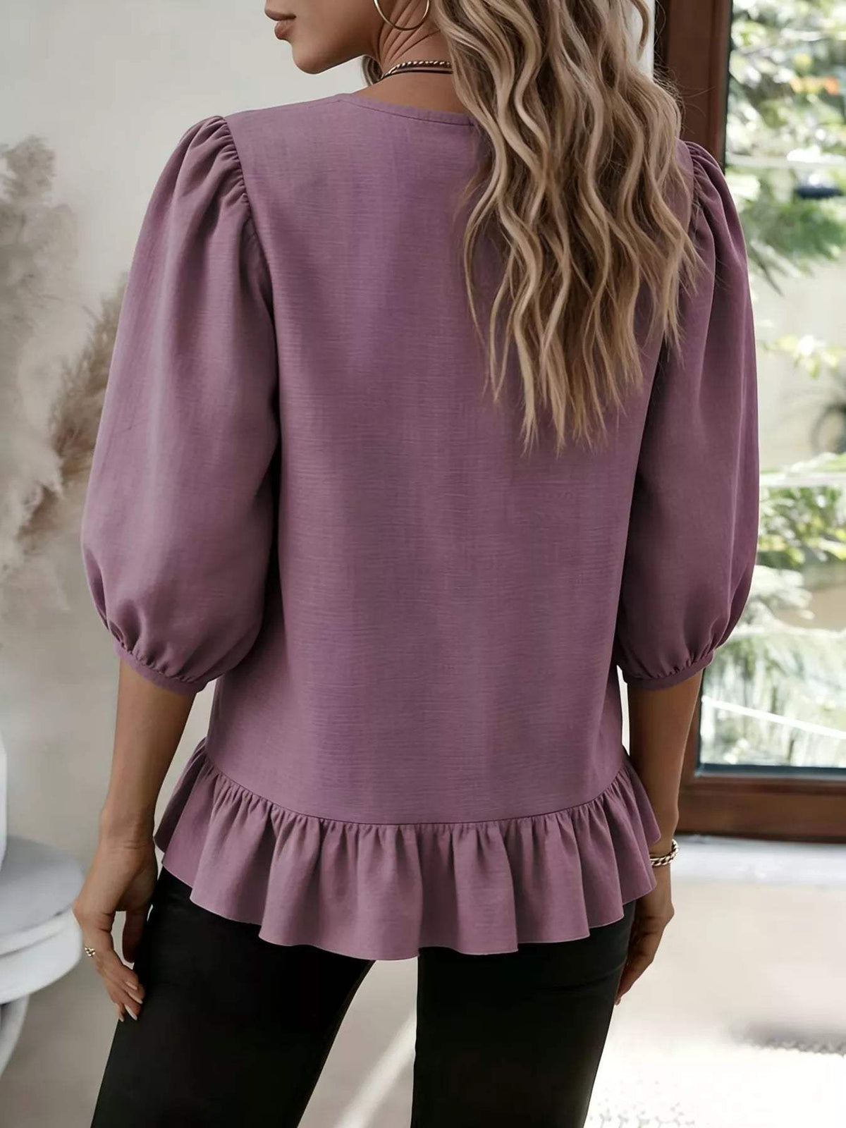Casual Puff Sleeve Ruffle Hem Blouse - Trendsi - Flyclothing LLC