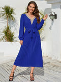 V-Neck Long Sleeve Pleated Dress - Trendsi