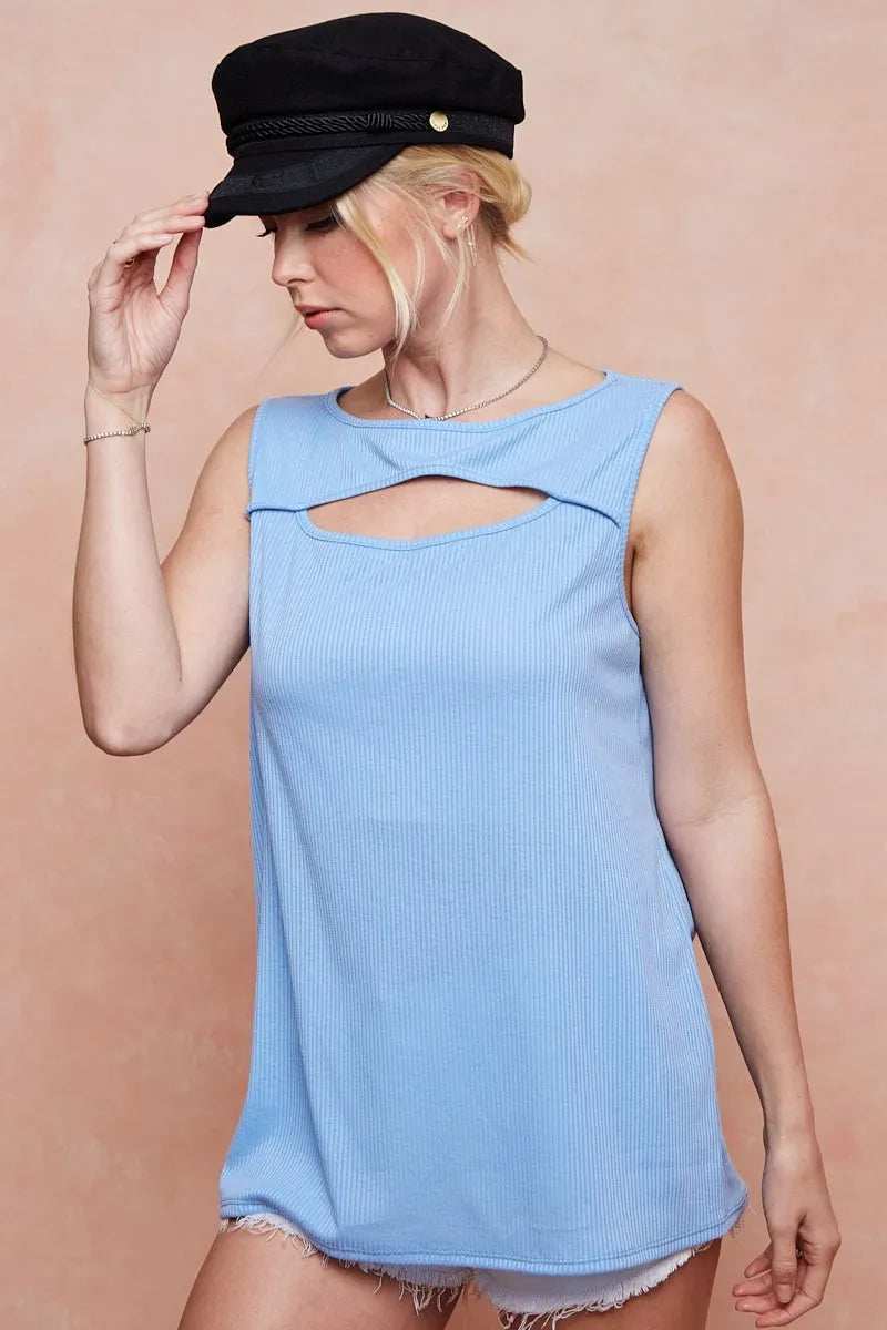 BiBi Soft Rib Knit with Cut Out Front Sleeveless Top - Trendsi - Flyclothing LLC