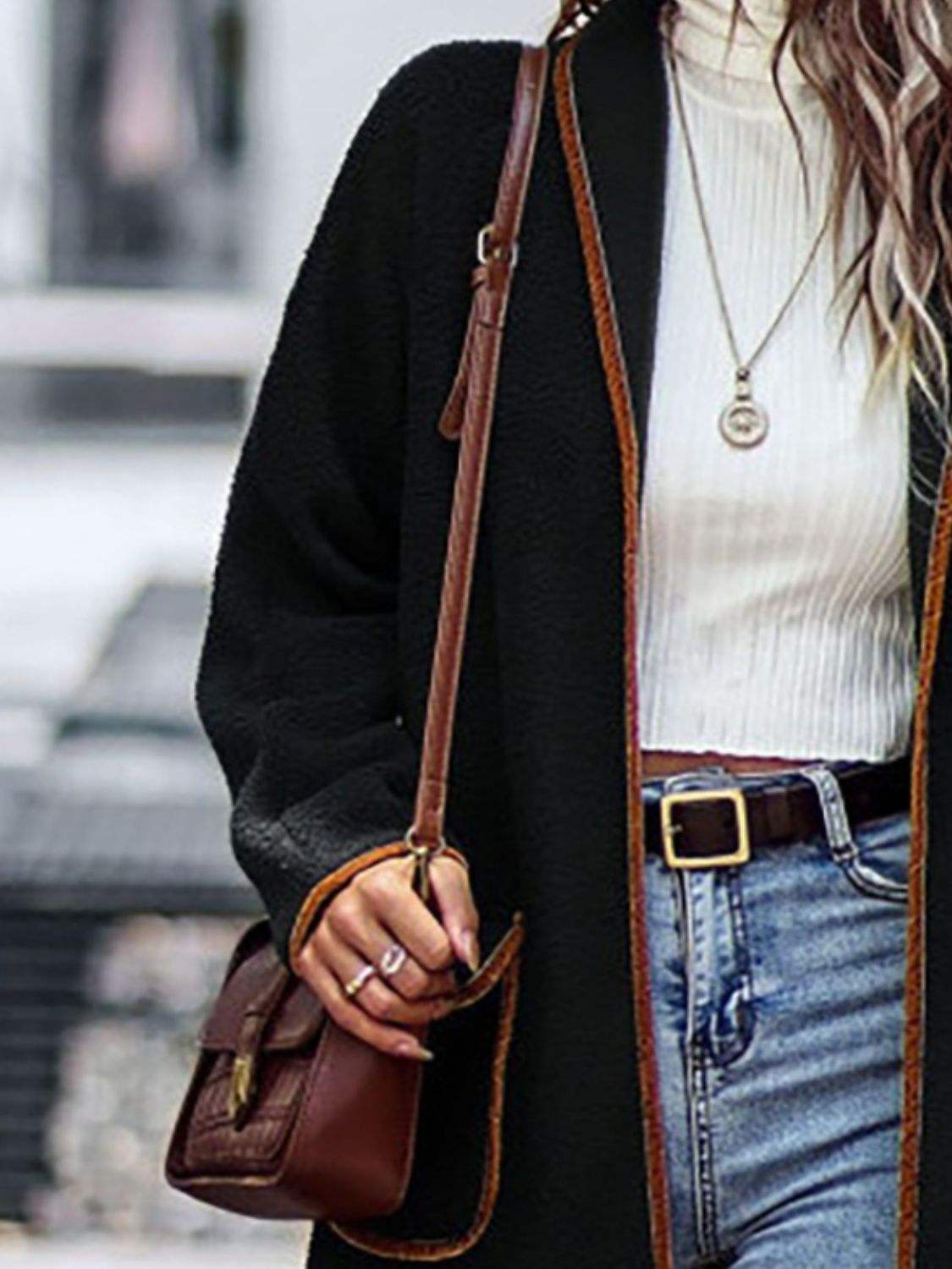 Full Size Contrast Trim Long Sleeve Coat with Pockets - Trendsi - Flyclothing LLC