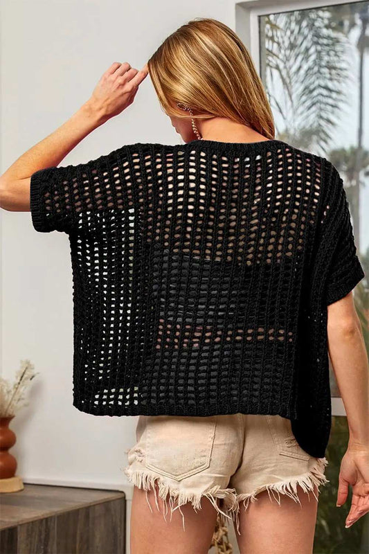 BiBi Hollowed Out Short Sleeve Knit Cover Up - Trendsi - Flyclothing LLC