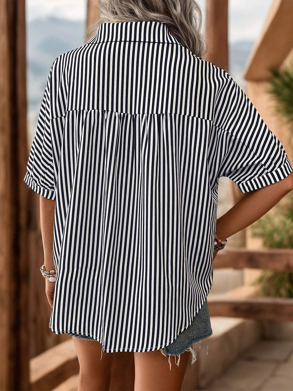 Striped Collared Neck Half Sleeve Shirt - Trendsi - Flyclothing LLC