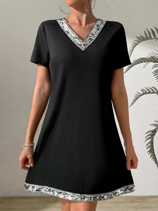 Sequin V-Neck Short Sleeve Mini Dress - Trendsi - Flyclothing LLC