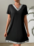 Sequin V-Neck Short Sleeve Mini Dress - Trendsi