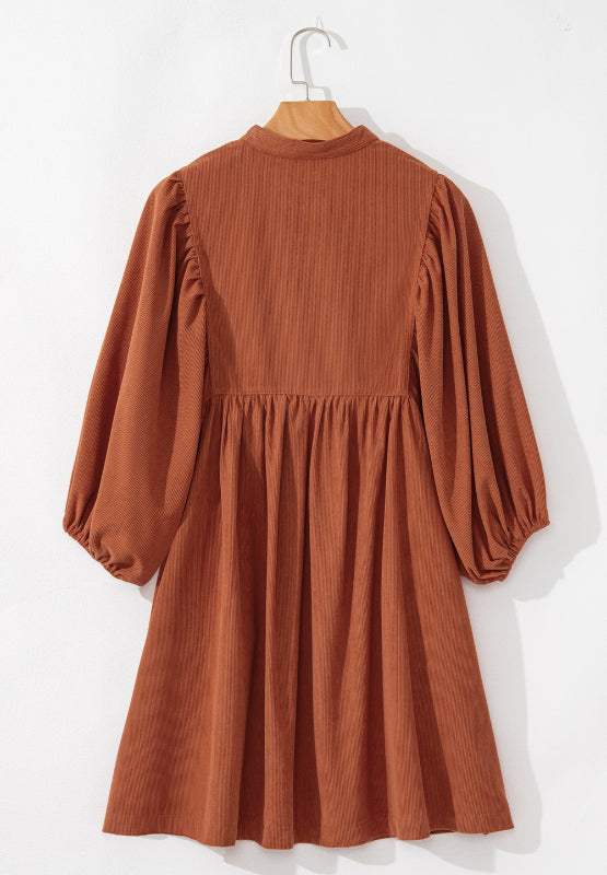 Corduroy Quarter Snap Three-Quarter Sleeve Dress - Trendsi - Flyclothing LLC