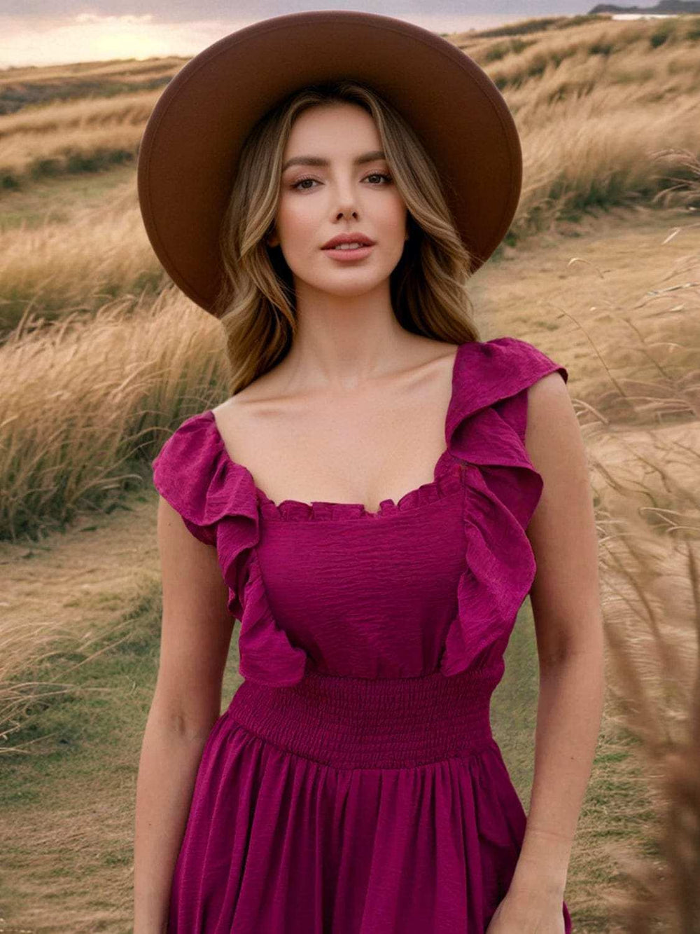 Ruffled Smocked Square Neck Maxi Dress - Trendsi - Flyclothing LLC