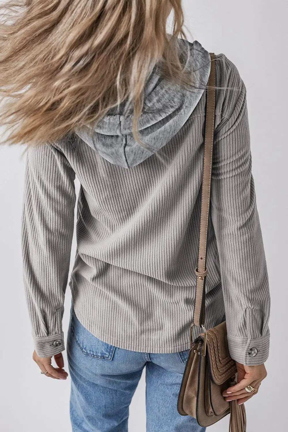 Drawstring Button Up Long Sleeve Hooded Jacket - Trendsi - Flyclothing LLC