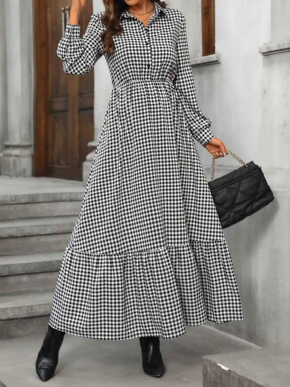 Ruffle Hem Plaid Long Sleeve Dress - Trendsi