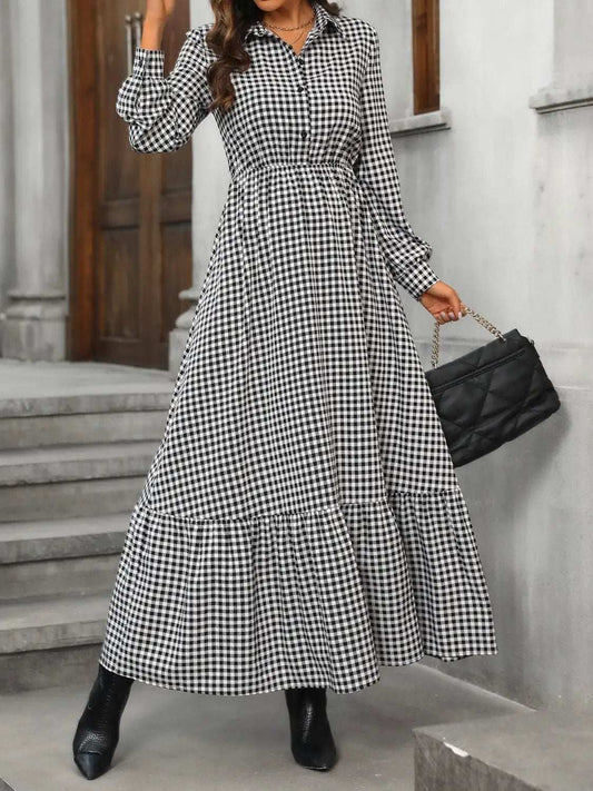 Ruffle Hem Plaid Long Sleeve Dress - Trendsi - Flyclothing LLC