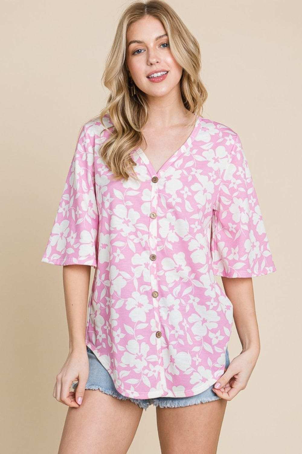 BOMBOM Floral Decorative Button V-Neck Top - Trendsi - Flyclothing LLC
