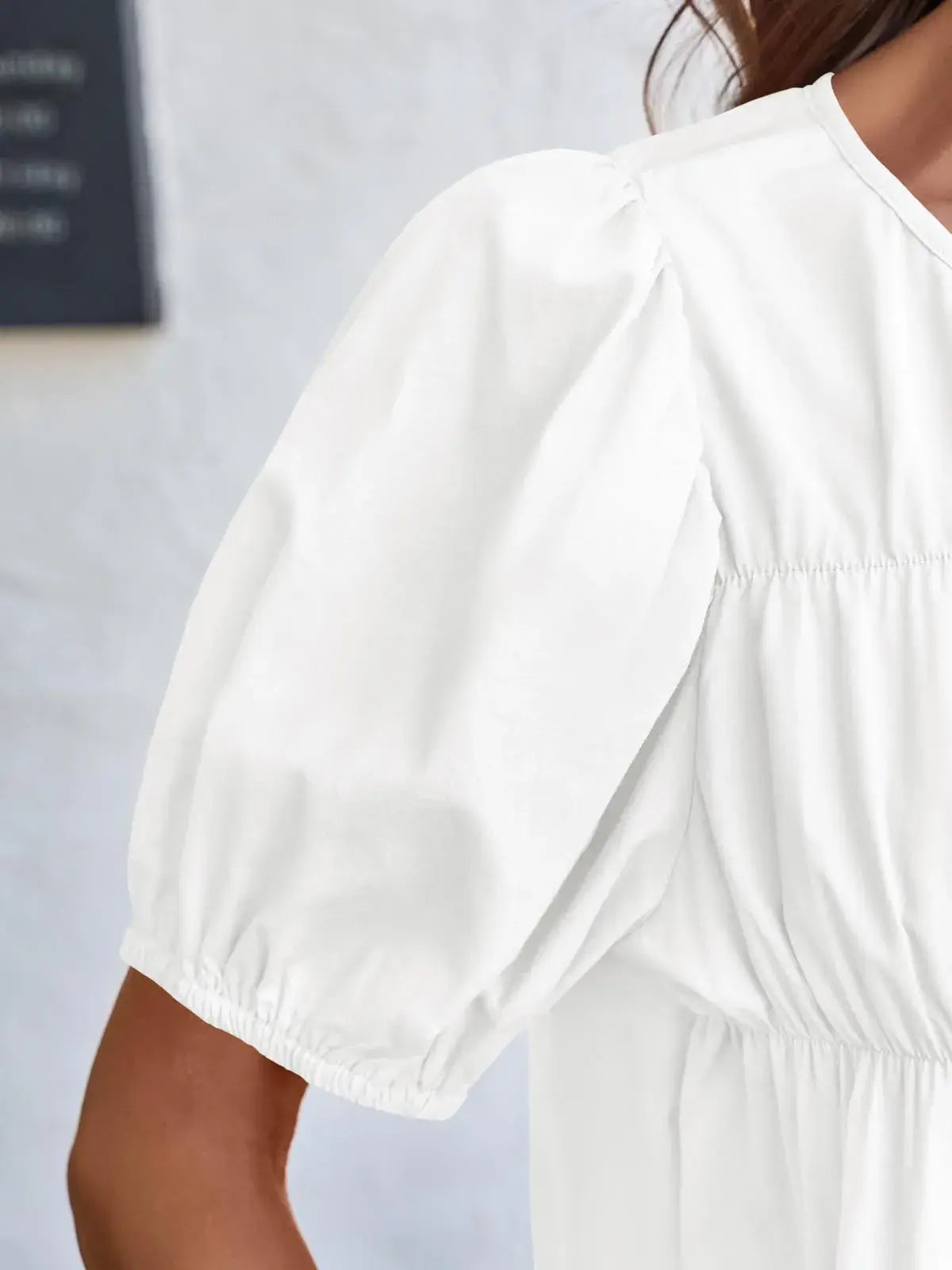 Round Neck Puff Sleeve Tiered Blouse - Trendsi - Flyclothing LLC