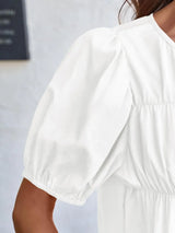 Round Neck Puff Sleeve Tiered Blouse - Trendsi - Flyclothing LLC