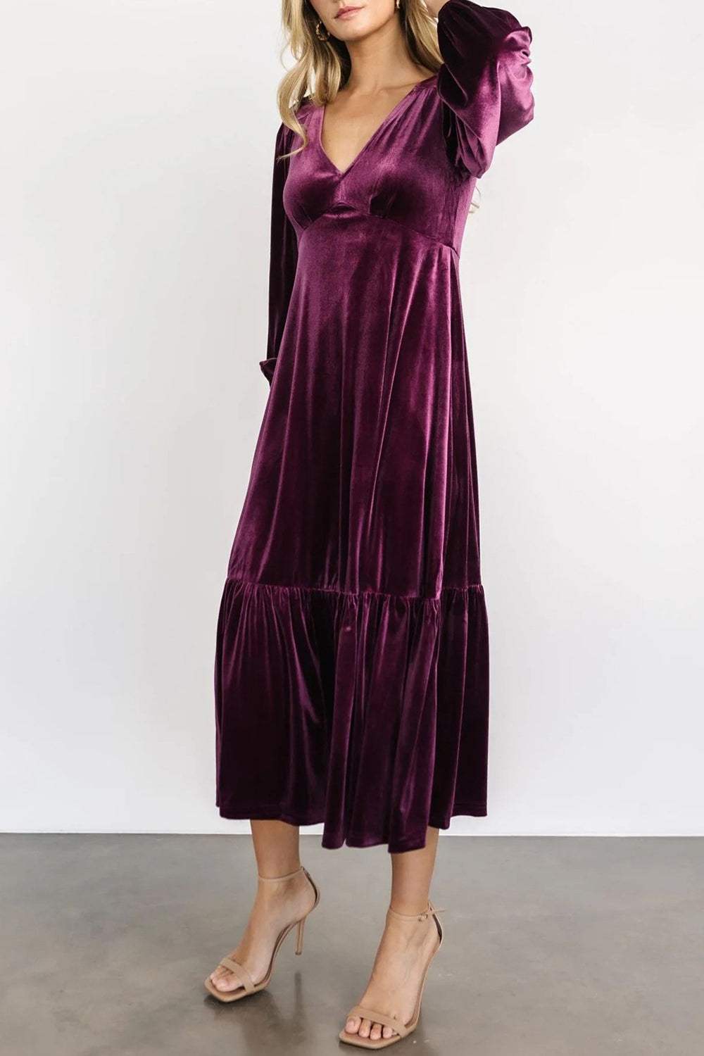 V-Neck Long Sleeve Midi Velvet Dress - Trendsi - Flyclothing LLC