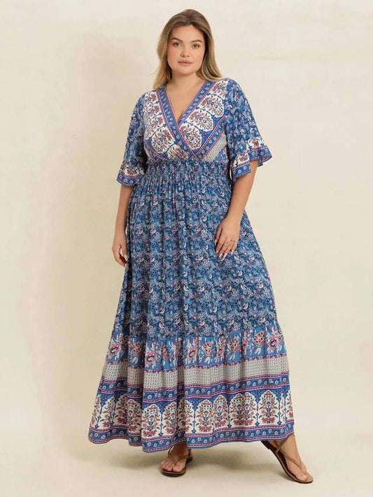 Plus Size Printed Surplice Half Sleeve Dress - Trendsi - Flyclothing LLC
