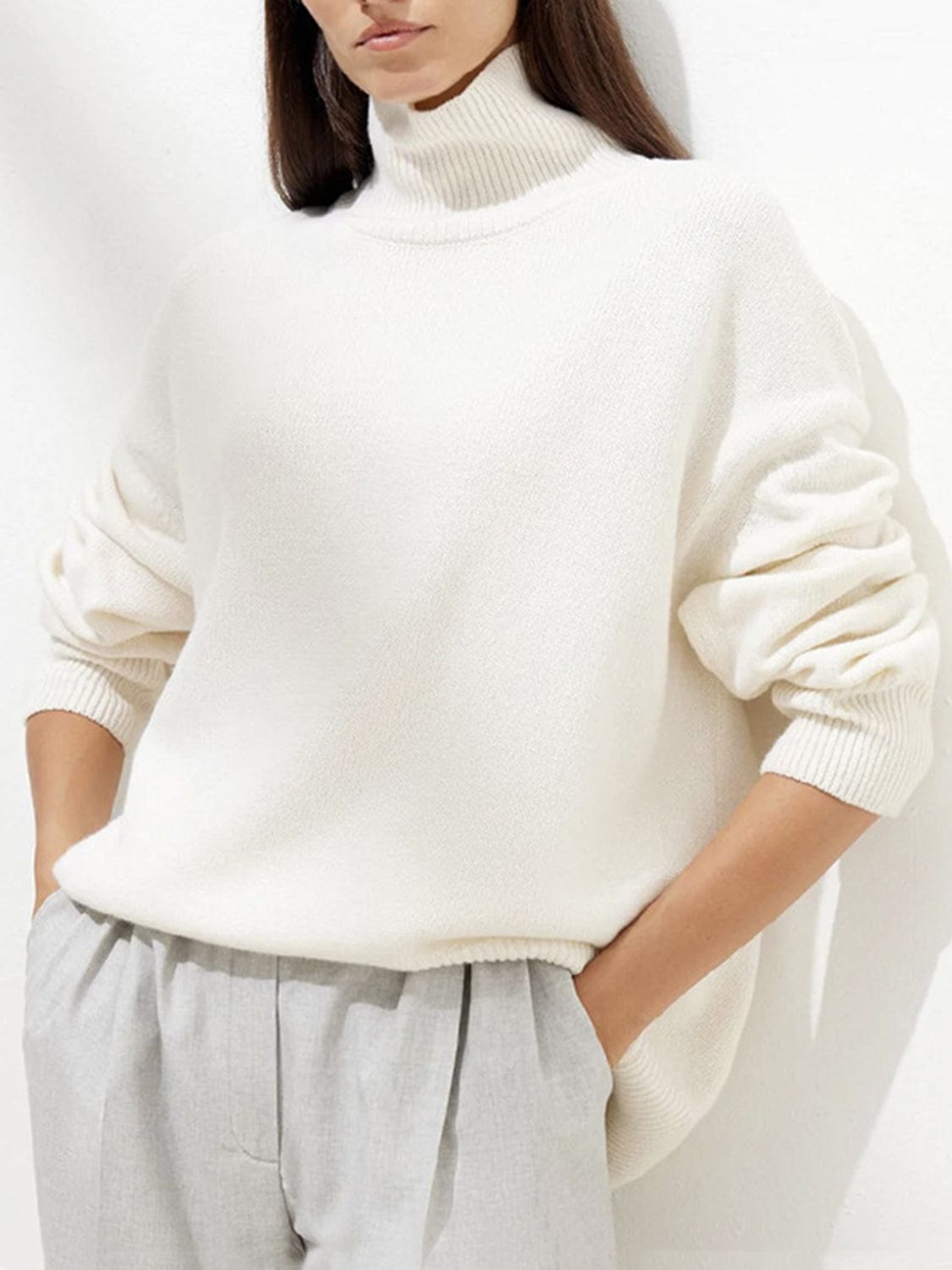 Ribbed Detail Turtleneck Dropped Shoulder Sweater - Trendsi