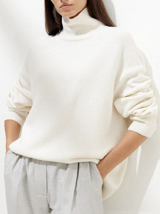 Ribbed Detail Turtleneck Dropped Shoulder Sweater - Trendsi
