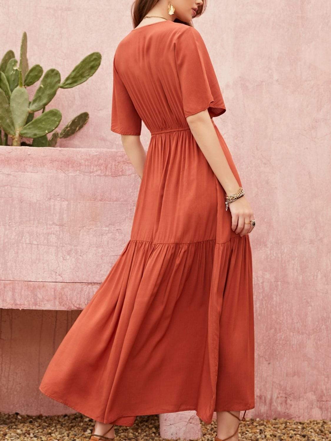 Lace Detail V-Neck Half Sleeve Midi Dress - Trendsi - Flyclothing LLC