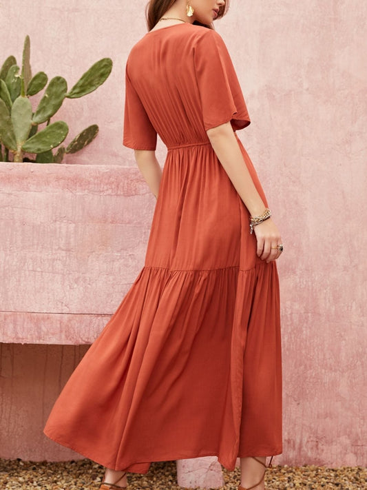 Lace Detail V-Neck Half Sleeve Midi Dress - Trendsi