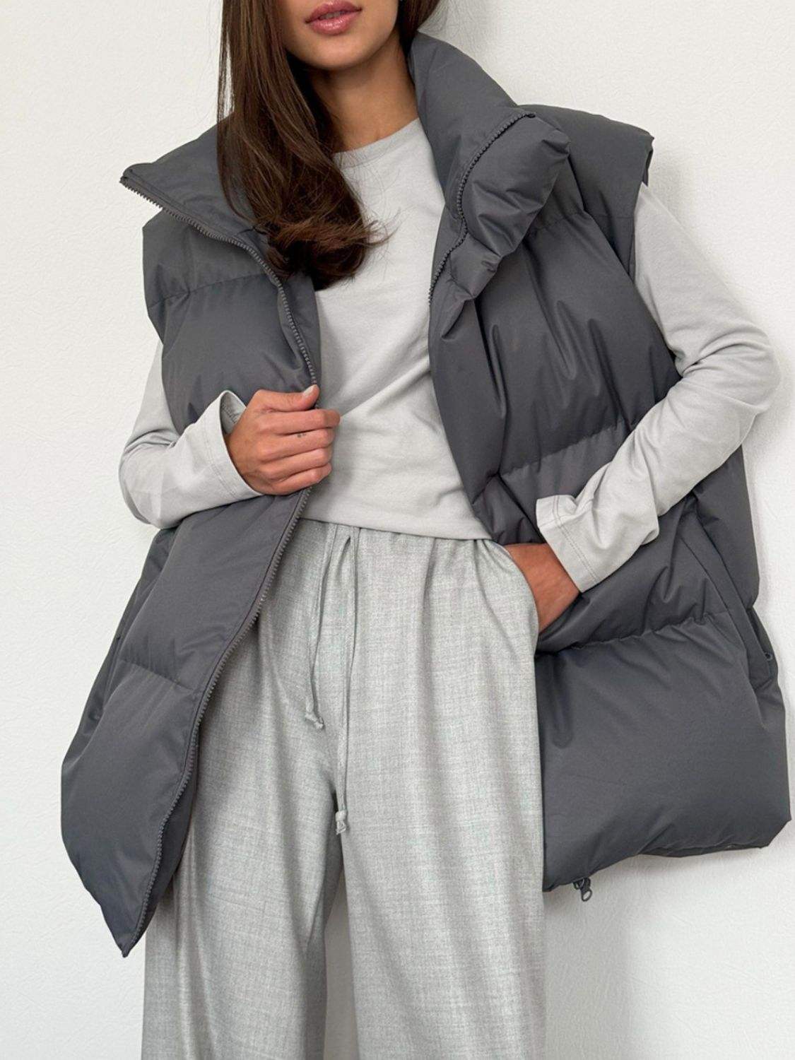 Zip Up Turtleneck Vest Coat - Trendsi - Flyclothing LLC