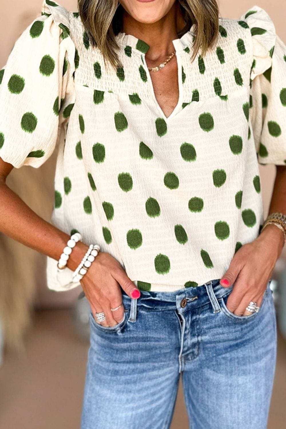 Polka Dot Shirred Yoke Notched Neck Puff Sleeve Blouse - Trendsi - Flyclothing LLC