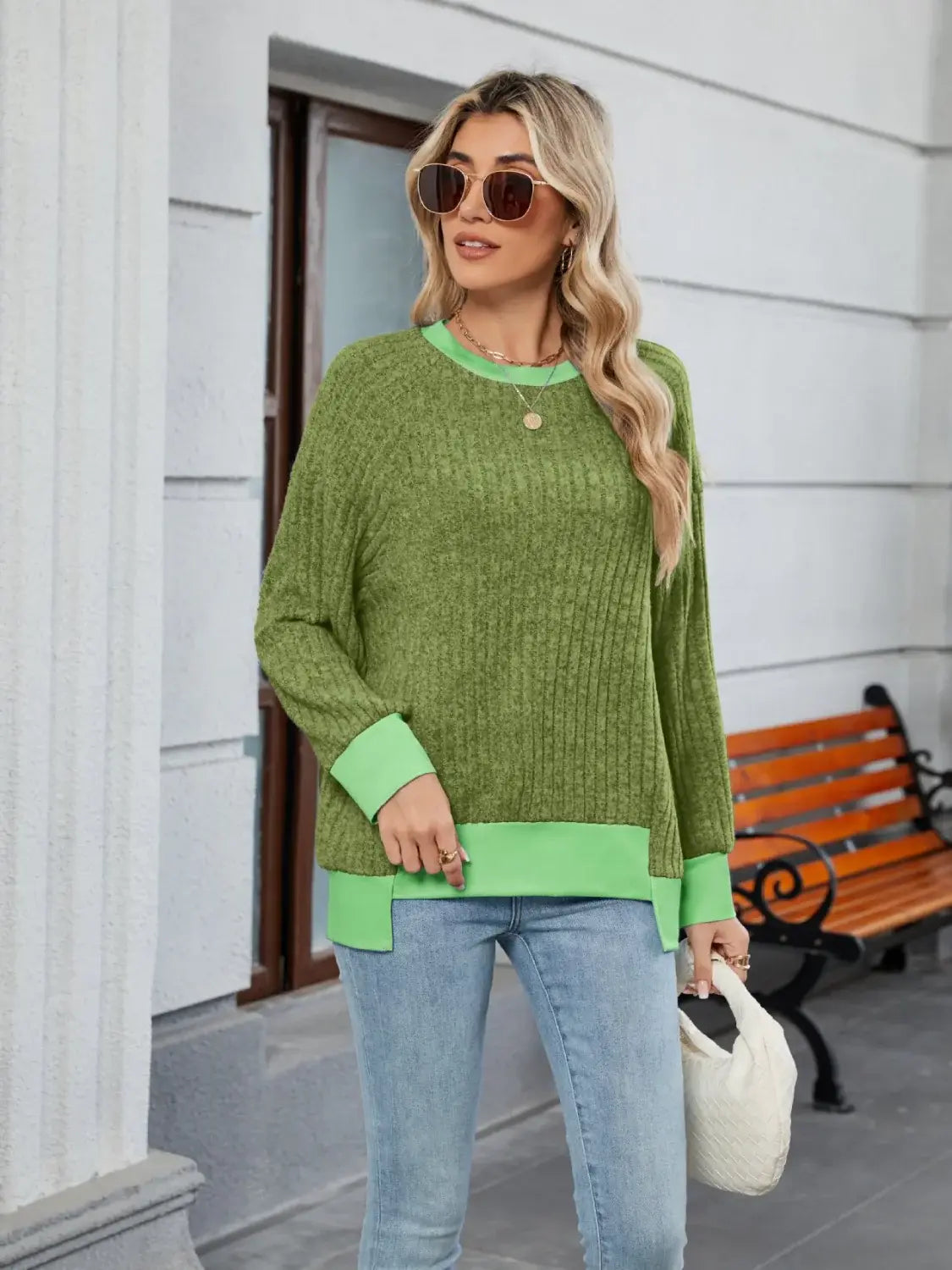 Contrast Trim Round Neck Long Sleeve T-Shirt - Trendsi - Flyclothing LLC