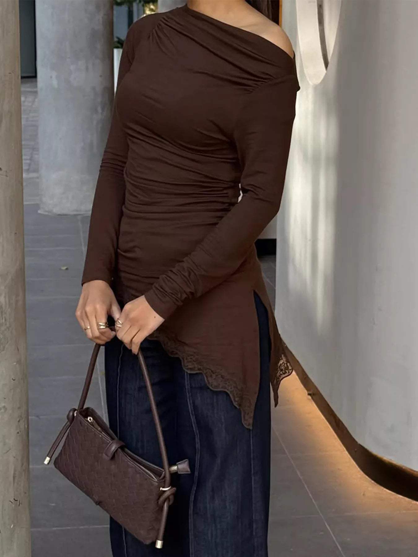 Asymmetrical One-Shoulder Ruched T-Shirt with Lace Trim - Trendsi - Flyclothing LLC
